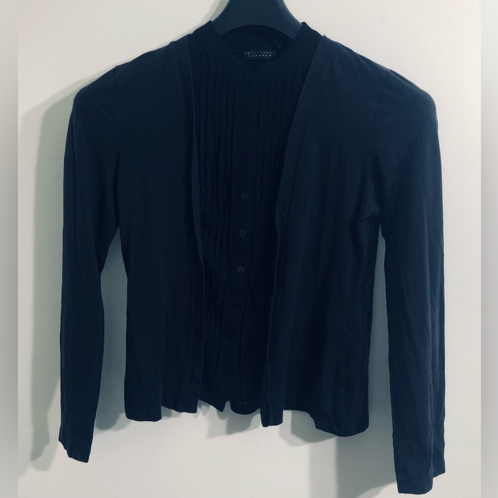 Apostrophe stretch blouse buttons down collar front lace long sleeves black.S/C.